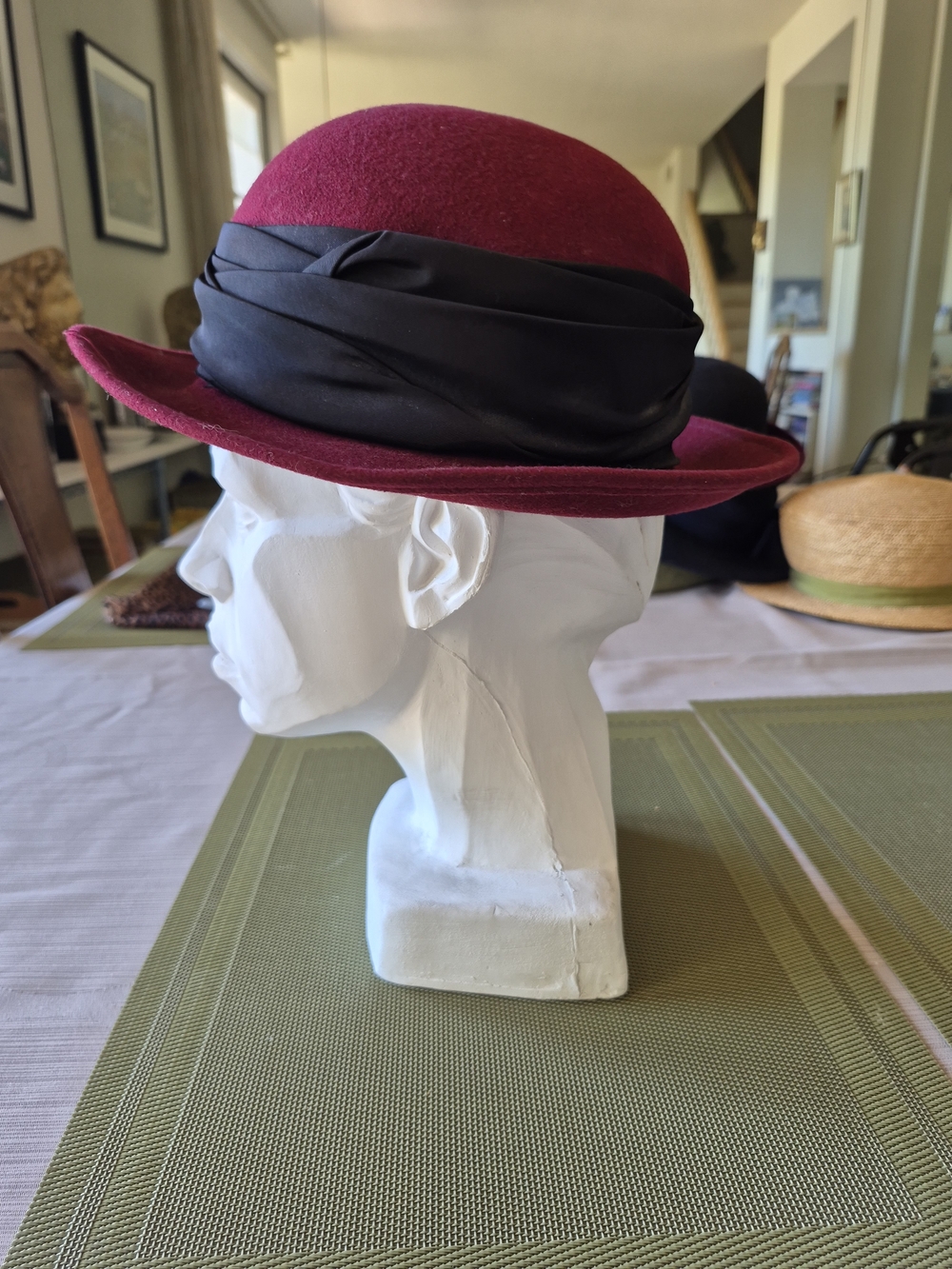 Vintage Burgundy Felt Wide-Brim Hat with Black Band